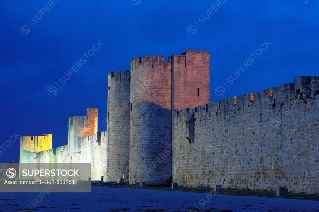 City walls at dusk, Aigues-Mortes, Petite Camargue, Gard, Languedoc-Roussillon, France