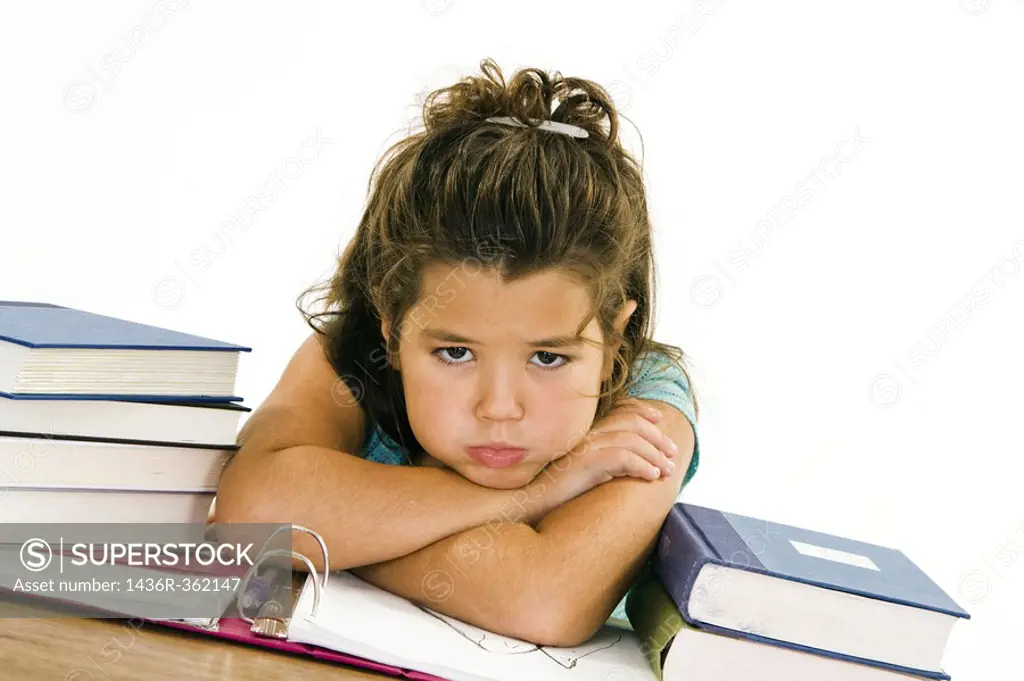 Child very up set while working on homework on white background