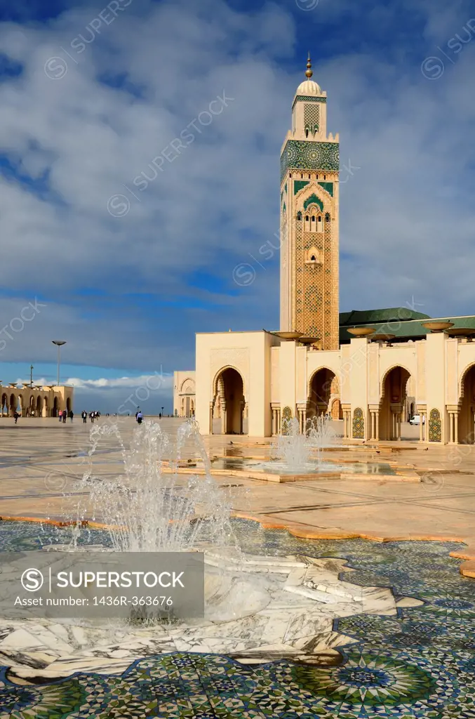 Minaret and fountains at the Hassan II Mosque in Casablanca Morocco