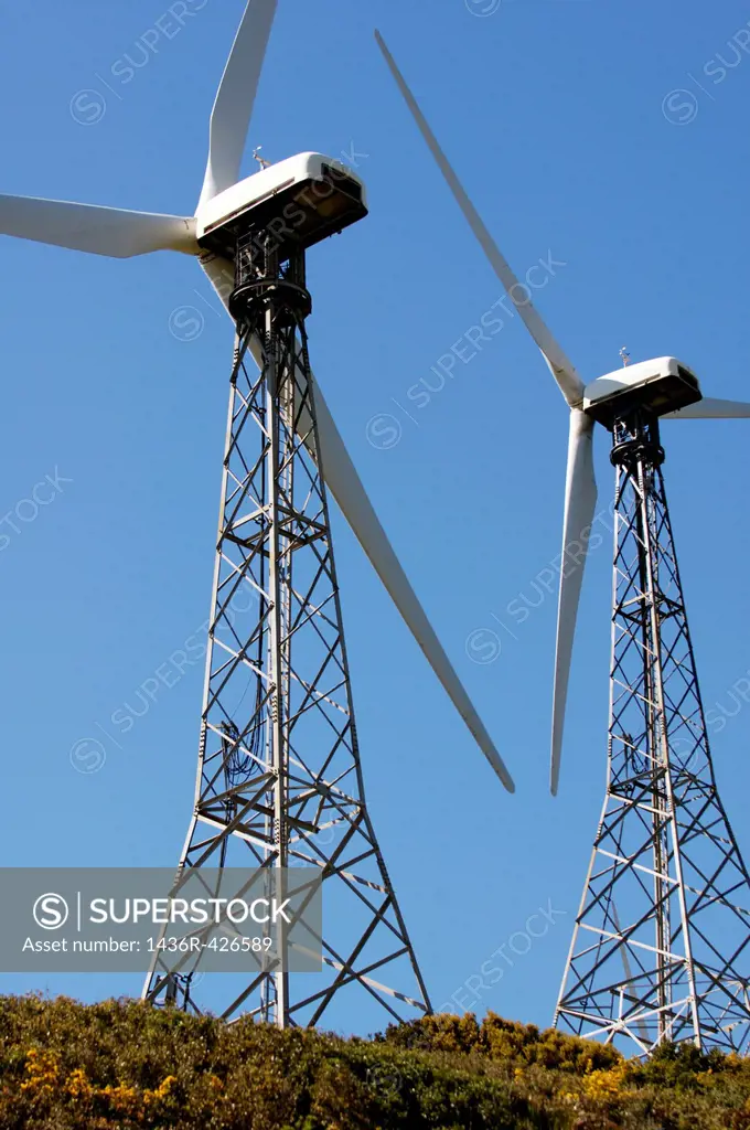 Wind turbines against blue sky, Tarifa, Andalusia, Spain