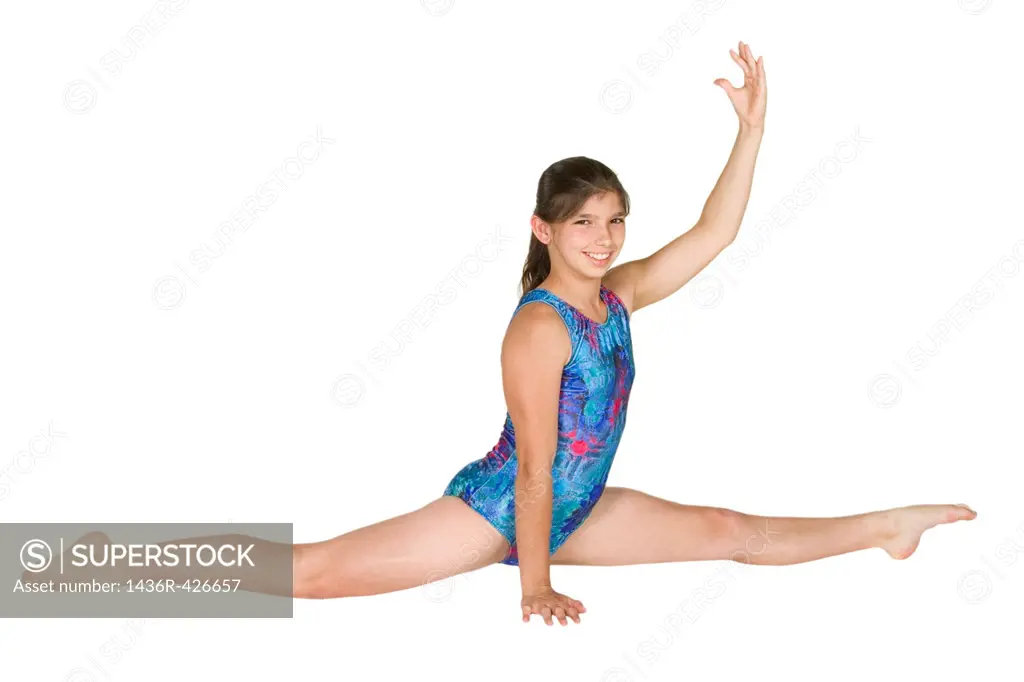 12 year old caucasian girl in gymnastics poses
