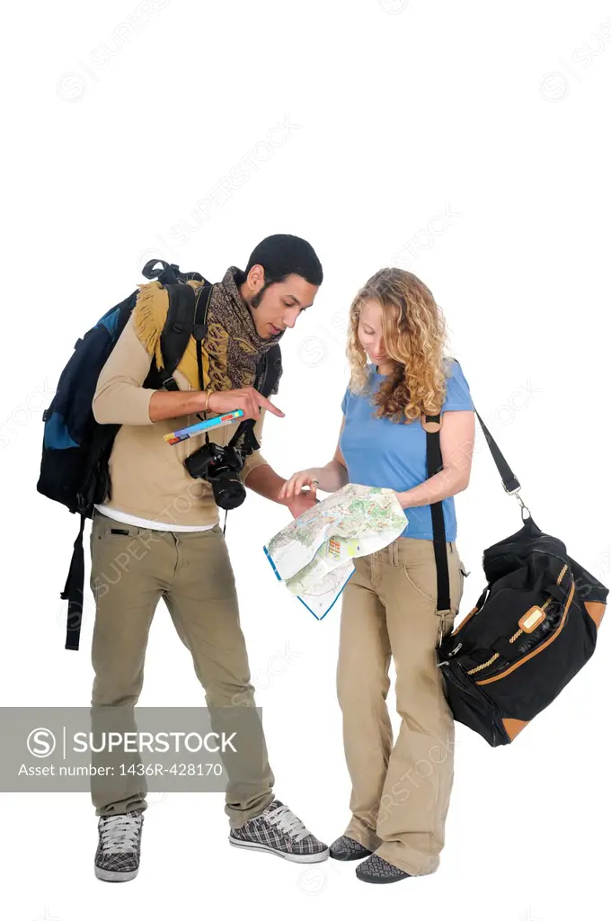 young backpacker couple lost consult map and guidebook On white Background