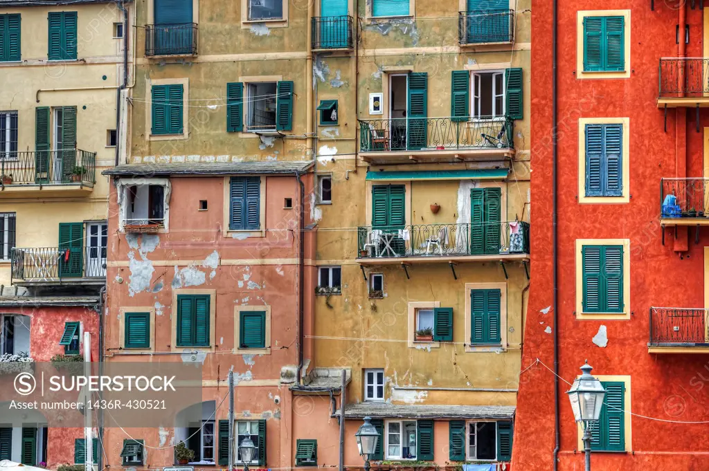 Camogli, an ancient port city in Liguria is famous for its colorful houses with large windows, Italy