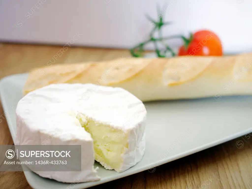 Camembert and Baguette on a plate
