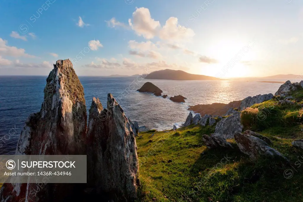 scenic seascape view towards blasket islands on dingle in western ireland