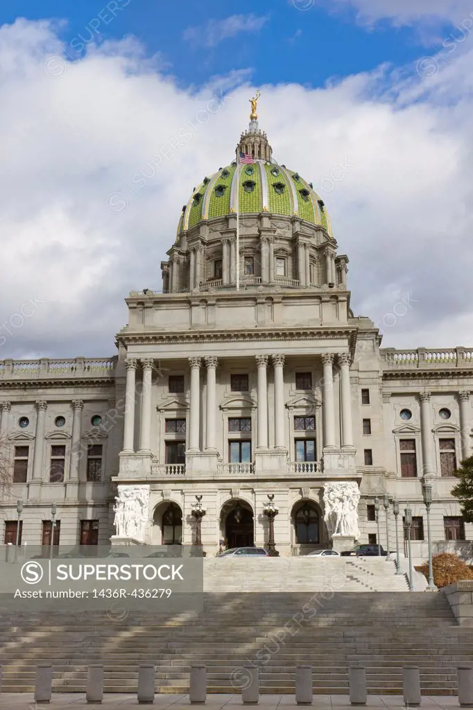 Front of the Pennsylvania state capitol building or statehouse in Harrisburg