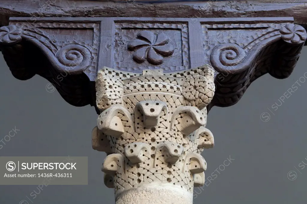 Detail of capital and wooden chariot stately building  Hondarribia  Gipuzkoa  Basque Country  Spain