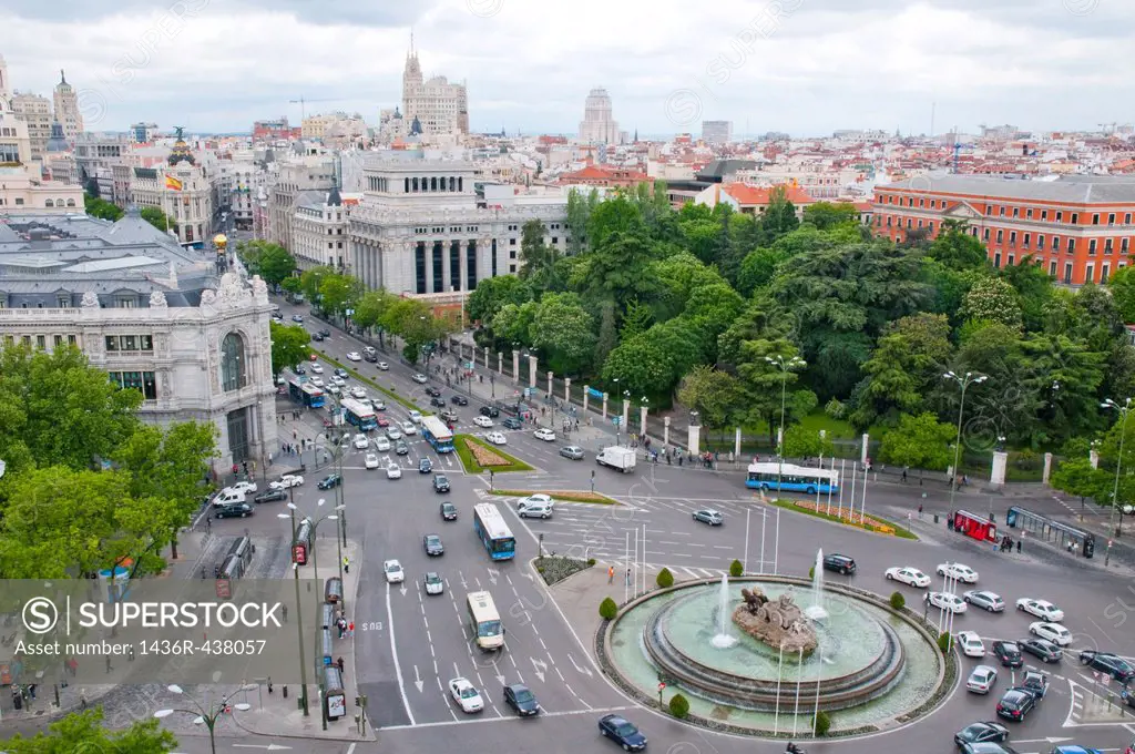 Cibeles Square and Alcala street, view from above  Madrid, Spain 