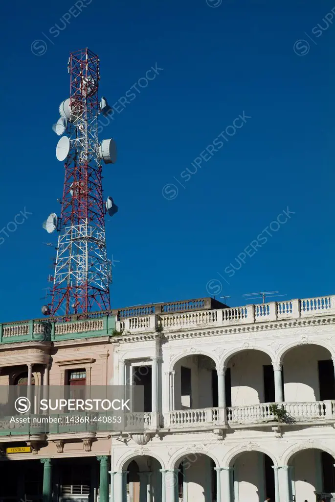Antennas on the roof of a colonial building, Parque Vidal, Santa Clara, Cuba