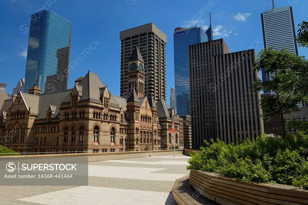Rooftop garden and patio at Toronto City Hall with old city hall and highrise towers