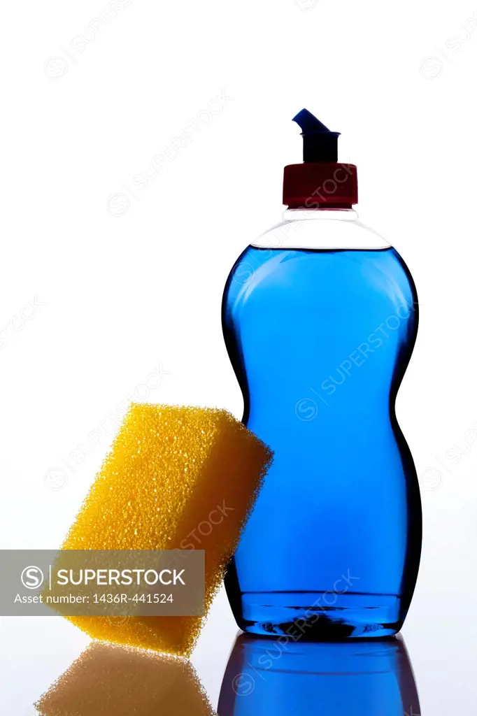 cleaning detergent with a yellow sponge