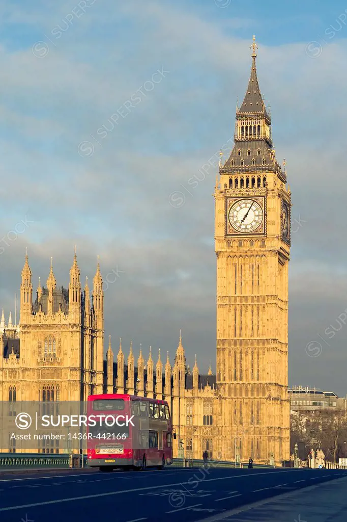 Big Ben and double-decker bus on the Westminster Bridge, London, England