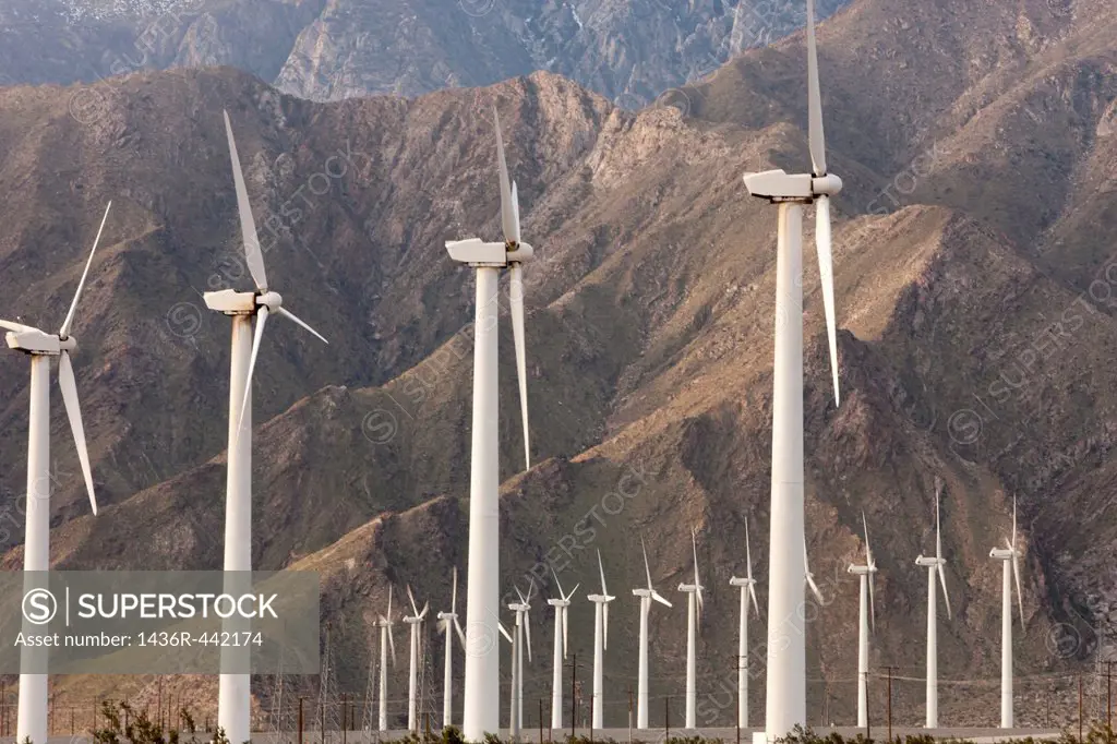 Wind turbines generating electricity on the San Gorgonio Pass Wind Farm serving Palm Springs, California, USA
