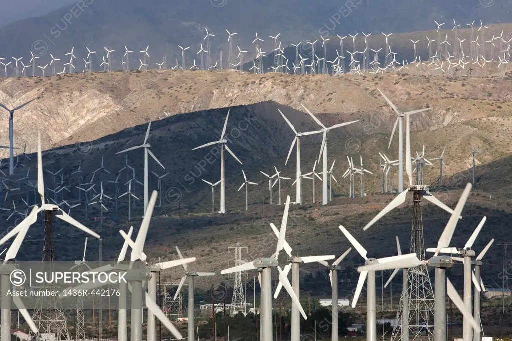 Wind turbines generating electricity on the San Gorgonio Pass Wind Farm serving Palm Springs, California, USA