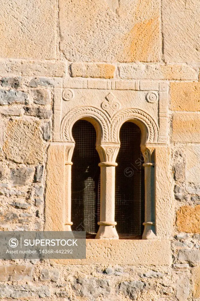 Detail of Pre-romanesque window. San Salvador monastery, Valdedios, Asturias province, Spain.
