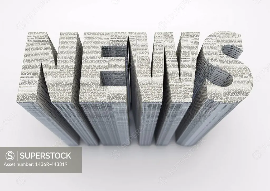 The word NEWS made from stacked newspapers on off white background - 3D render Concept image