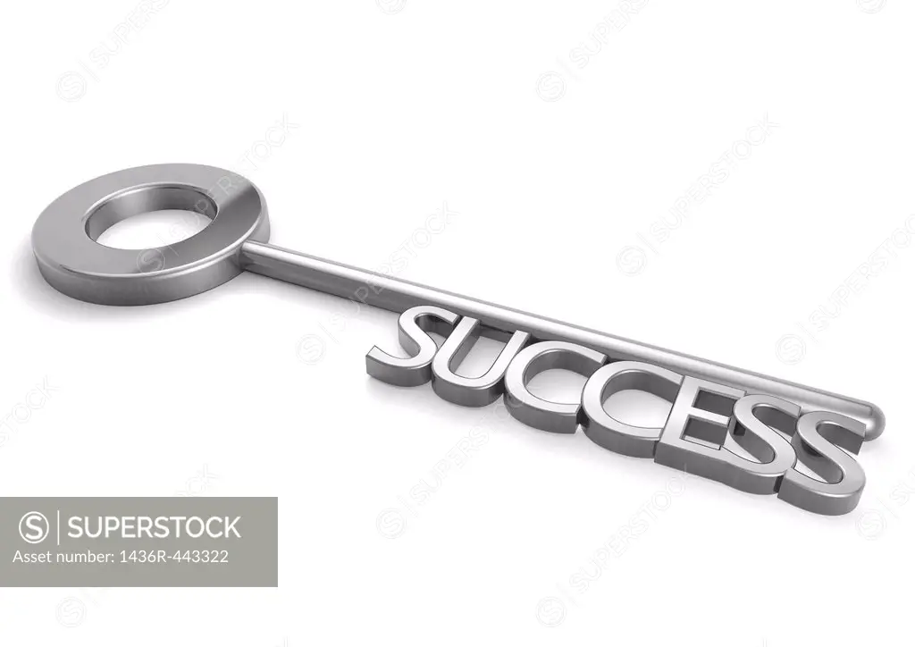 3D render of a silver key with the word Success - Concept image