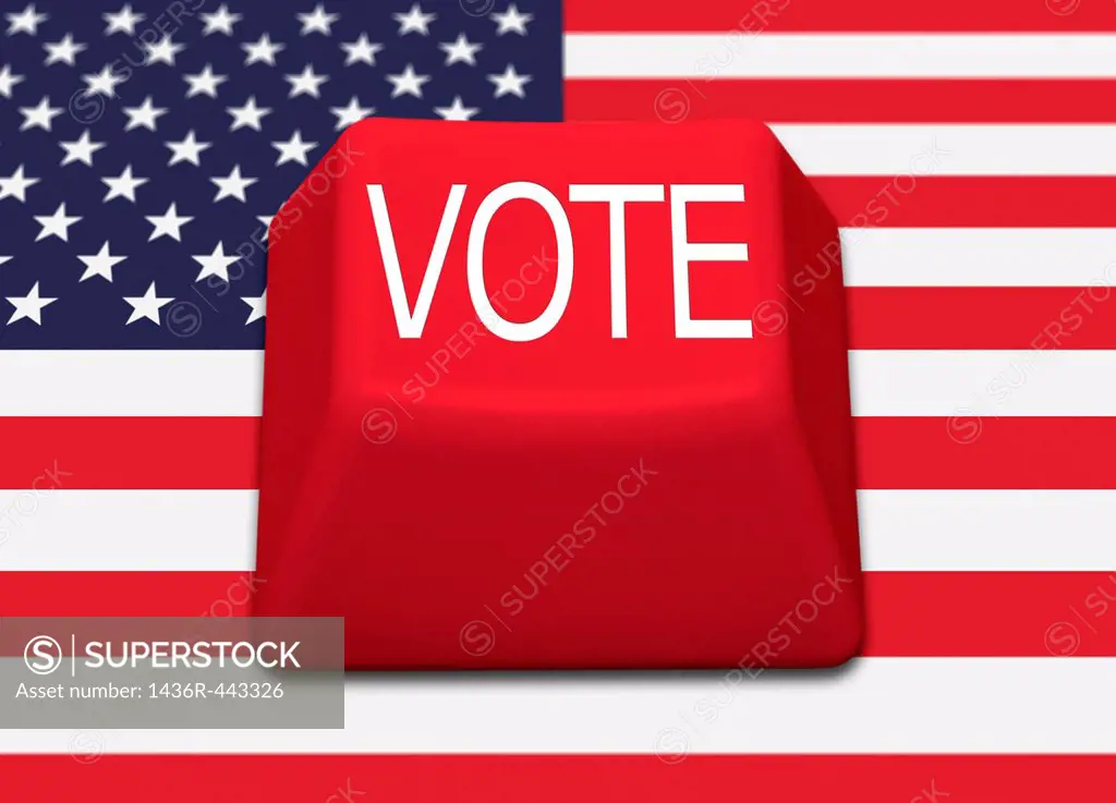 Isolated red computer key with the word VOTE on an American flag background  Concept image