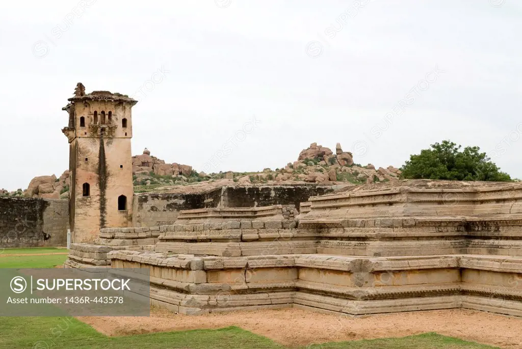 Platform -A wooden superstructure was erected on this base, which would have been used as a viewing platform for military or civil ceremonies. Hampi, ...