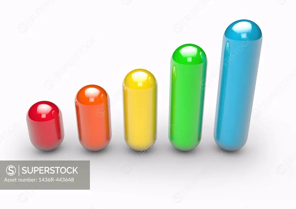 Series of shiny multi coloured capsules forming an ascending bar graph - 3D render - Concept image