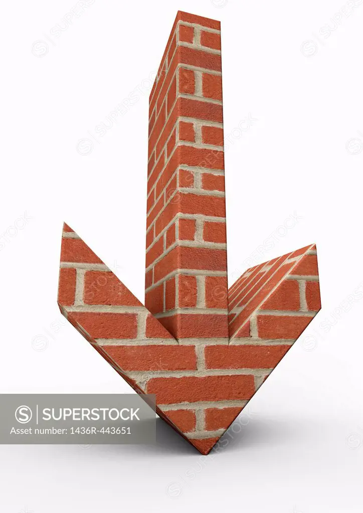 3D render of a downward pointing arrow built from bricks - Concept image