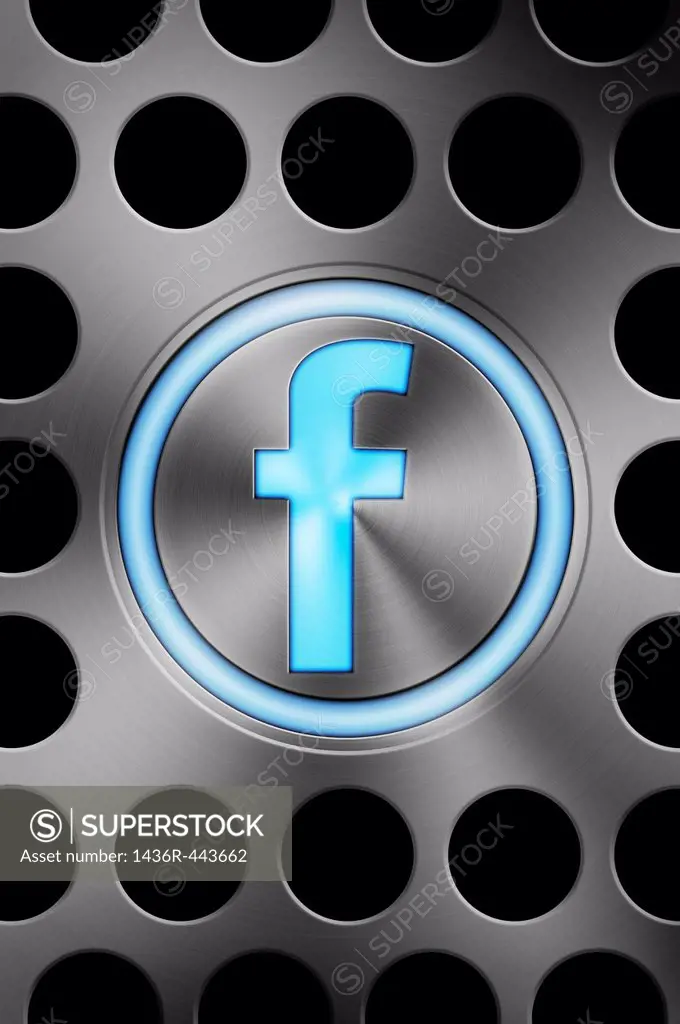 Blue glowing FACEBOOK icon button on an Apple Mac style brushed aluminium background  Concept image