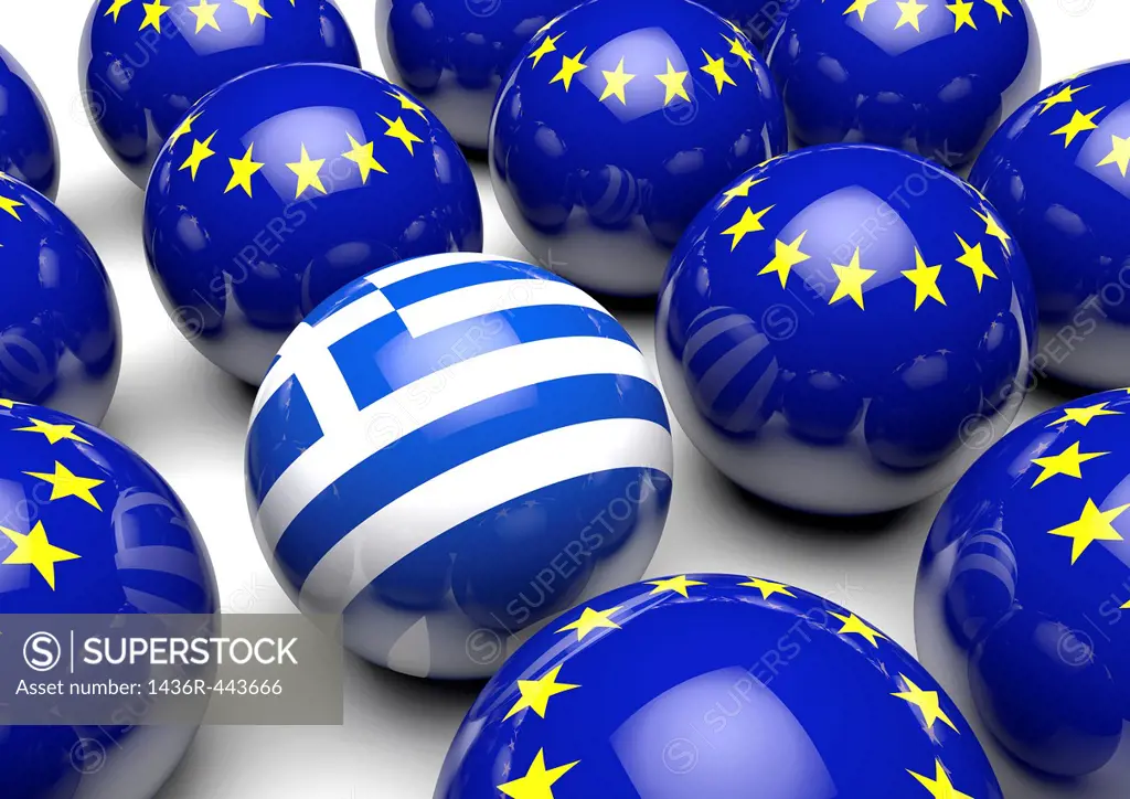 Close up of many balls with the European flag and one ball with the flag of Greece