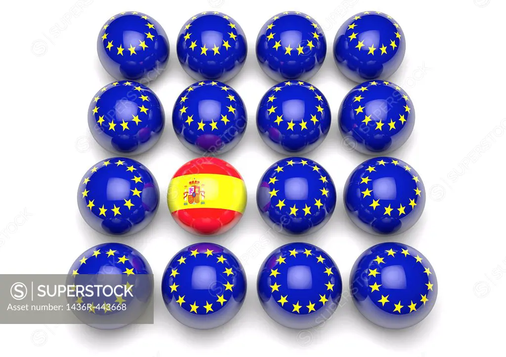 Close up of many balls with the European flag and one ball with the flag of Spain
