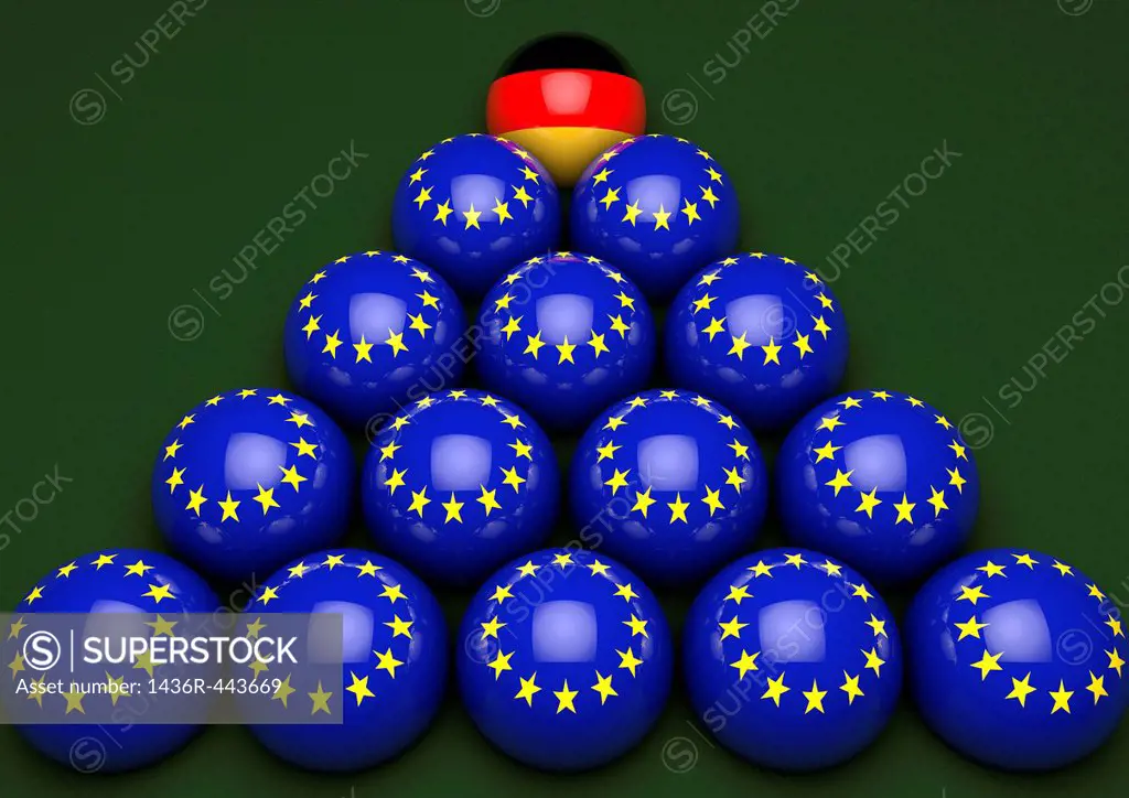 Triangle of snooker balls with the European flag and one with Germany´s flag at the top  On a green baize surface - Concept image