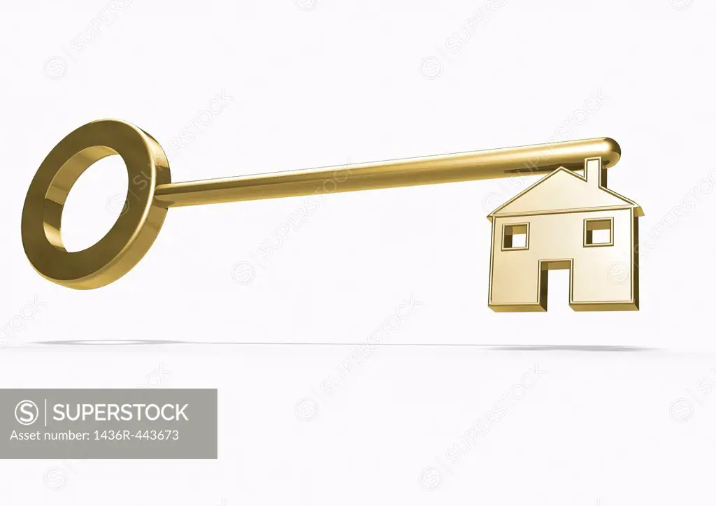 3D render of a gold key with the blade in the shape of a house on white background - Concept image