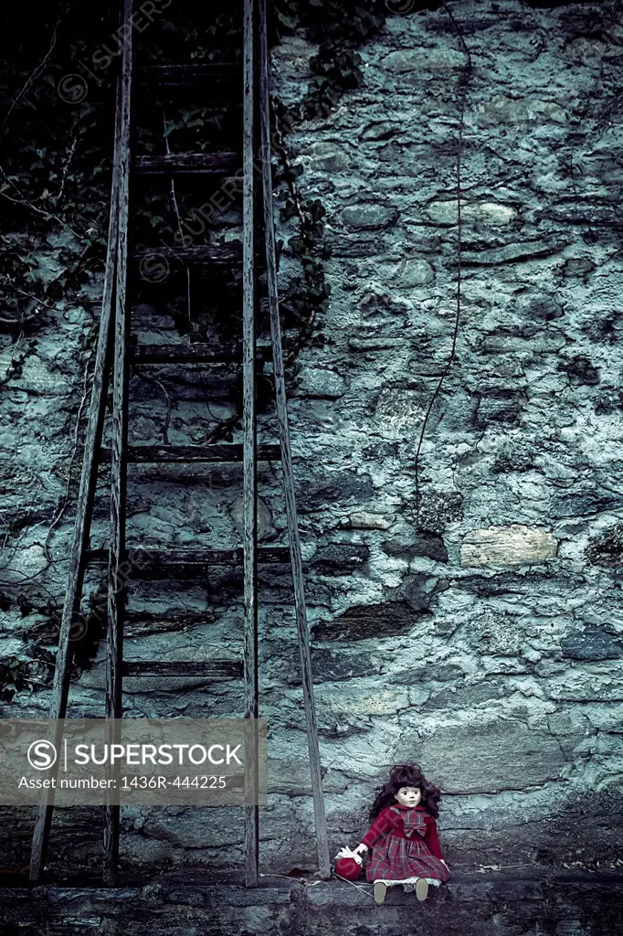 an old doll sitting on a wall next to an old wooden ladder
