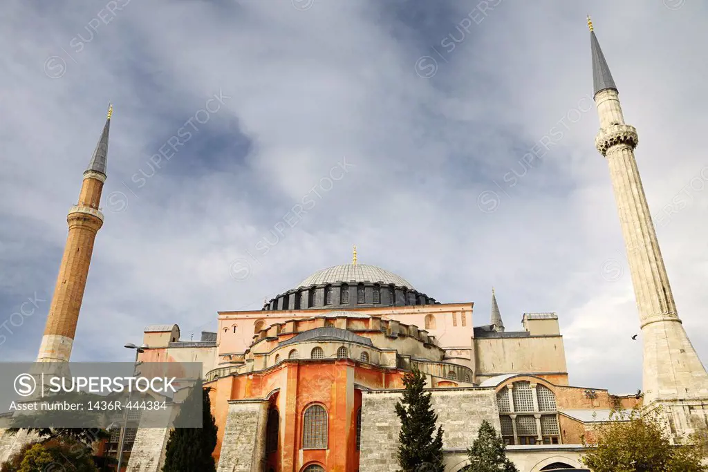 Earlier two minarets of the ancient Hagia Sophia in Istanbul Turkey