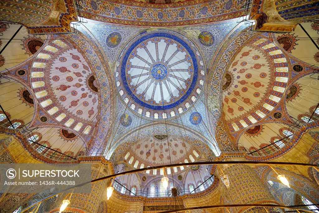 Ceiling of the Blue Mosque Istanbul Turkey with Iznik tiles and stained glass windows