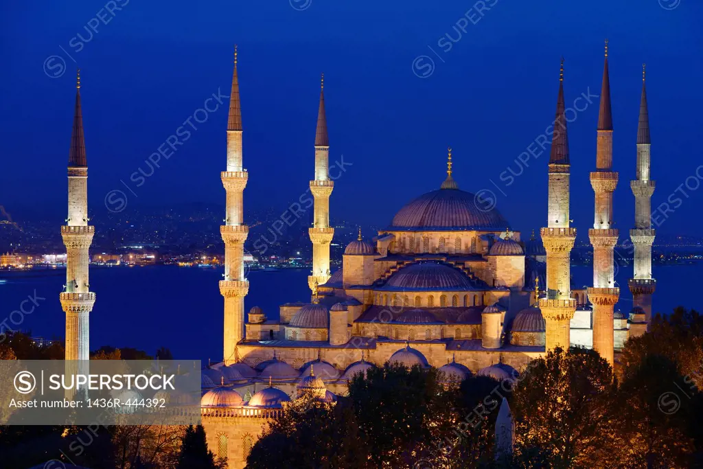 Six minarets of the Blue Mosque lit at twilight on the Bosphorus Sultanahmet Istanbul Turkey