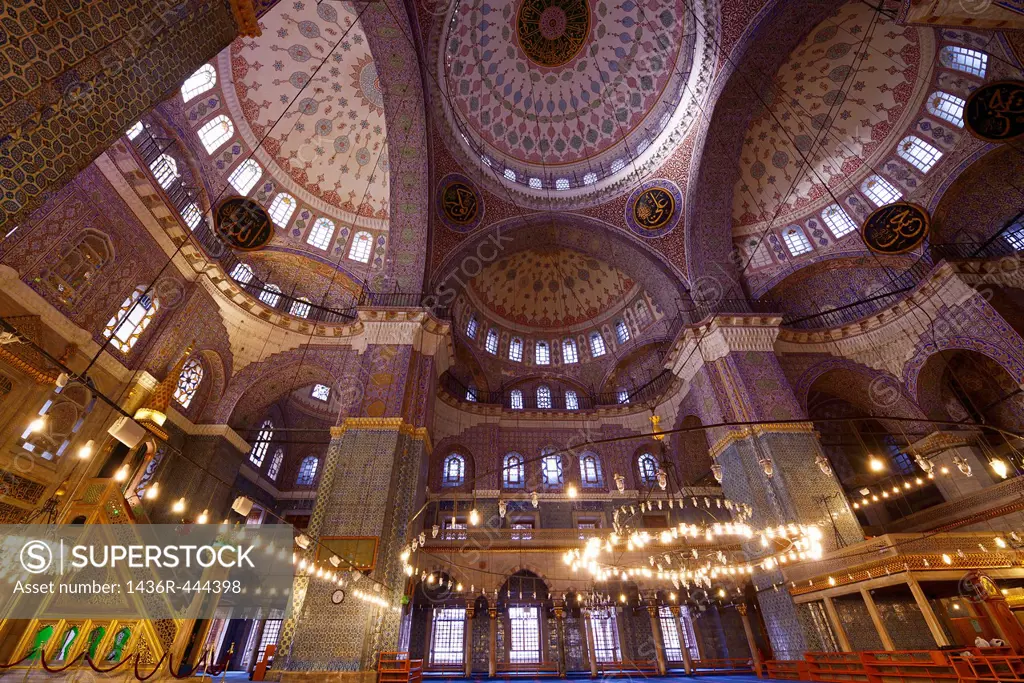 Vaulted ceiling Minbar shoe rack and Dikka in the empty musallah prayer hall of the New Mosque Istanbul