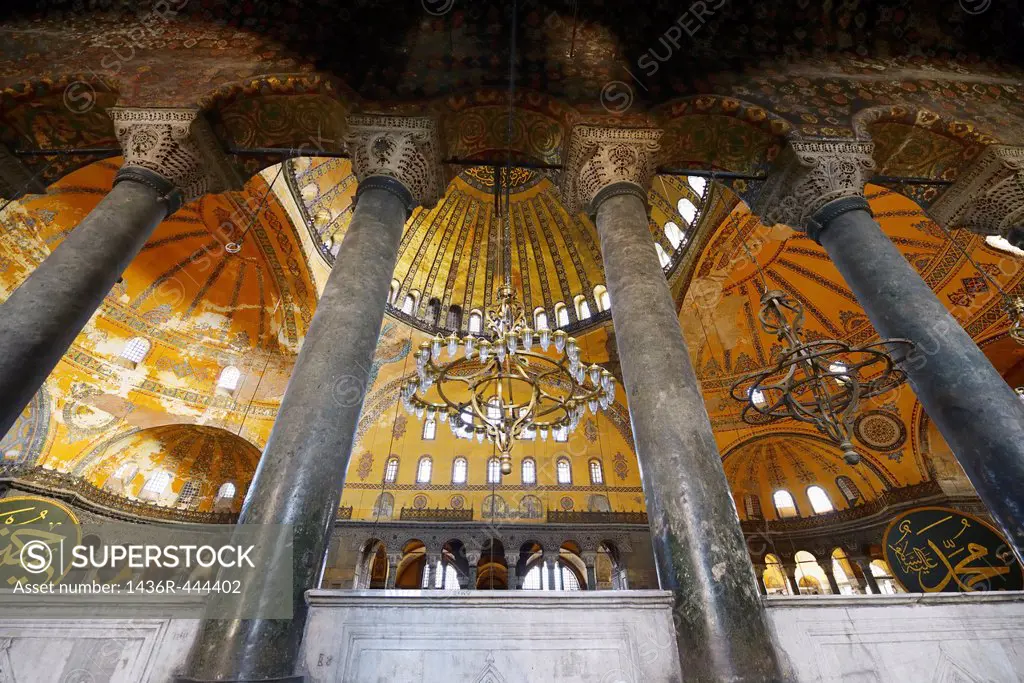 Marble pillars on upper level of the Hagia Sophia Istanbul with domes and calligraphy Roundels