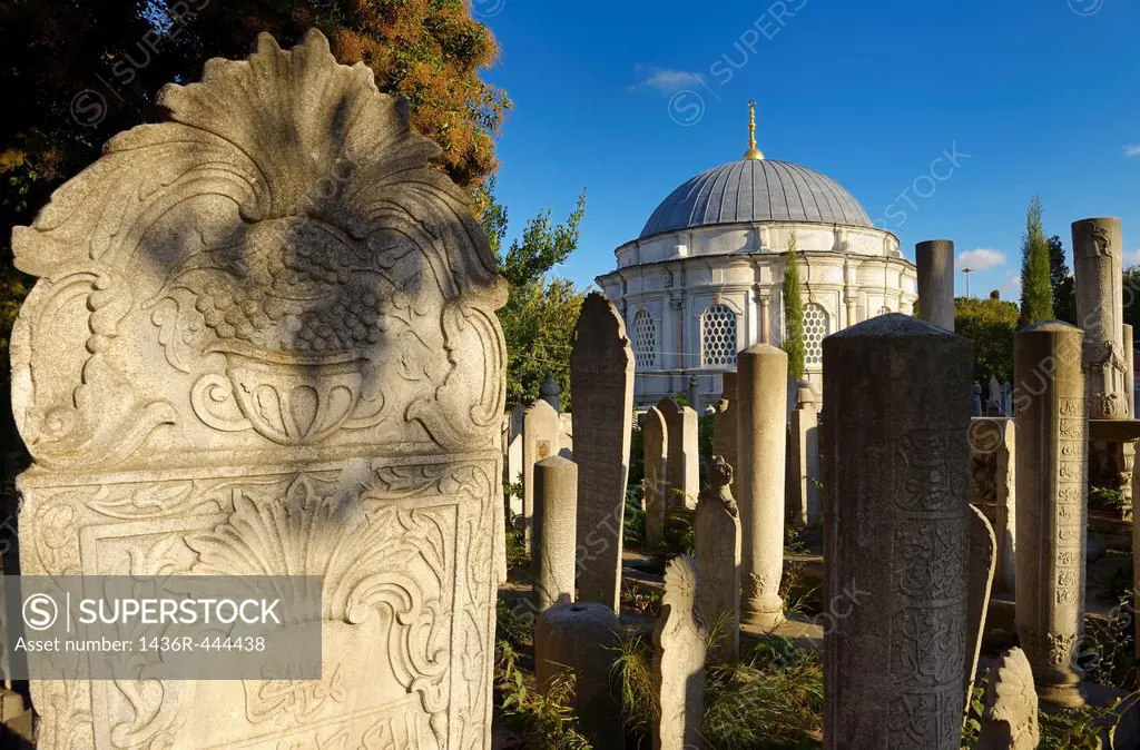 Carving on grave stones and Mausoleum in the Ottoman cemetery at Eyup Sultan Mosque Istanbul