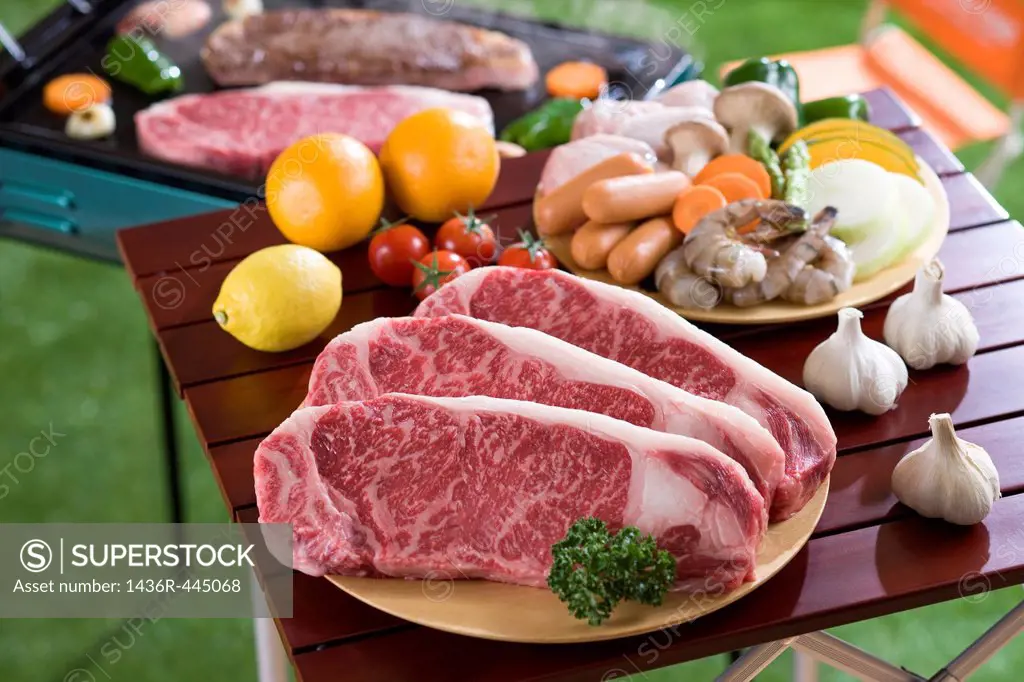 Meat and Vegetable on Table for Barbecue