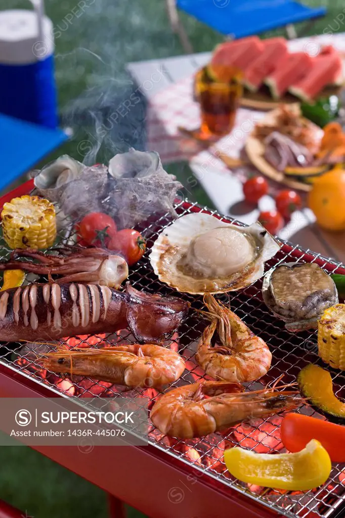 Seafood Grilled on Barbecue Grill