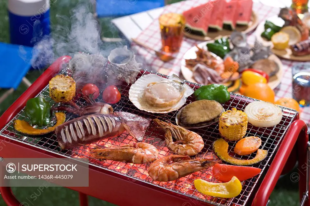 Seafood Grilled on Barbecue Grill