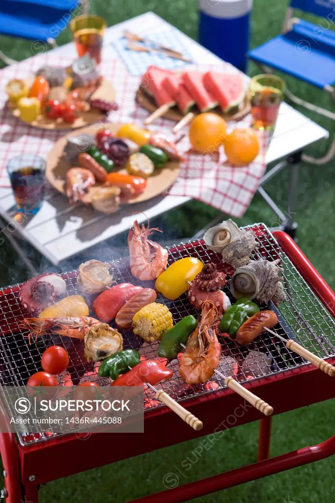 Skewered Seafood and Vegetable Grilled on Barbecue Grill