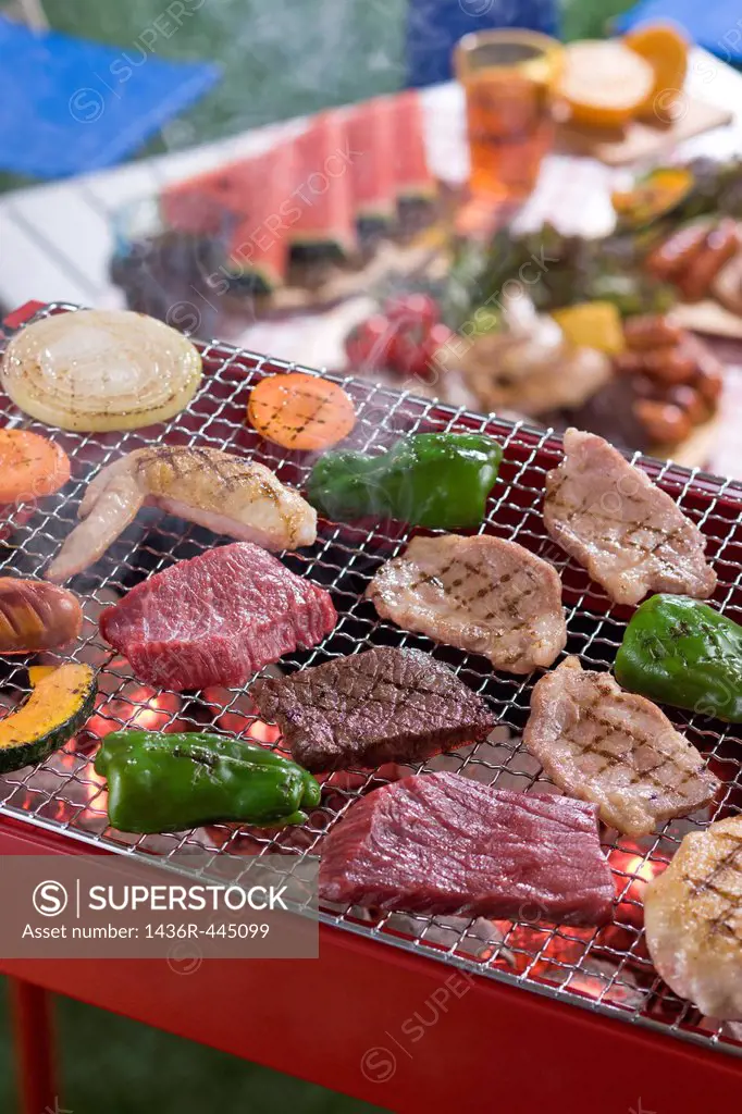 Meat and Vegetable Grilled on Barbecue Grill