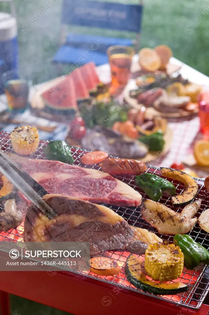 Meat and Vegetable Grilled on Barbecue Grill