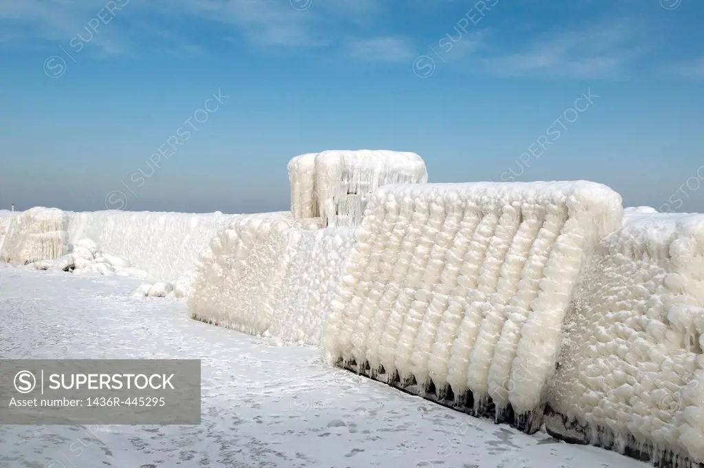 Icy pier, frozen Black Sea, a rare phenomenon, last time it occured in 1977, Odessa, Ukraine, Eastern Europe