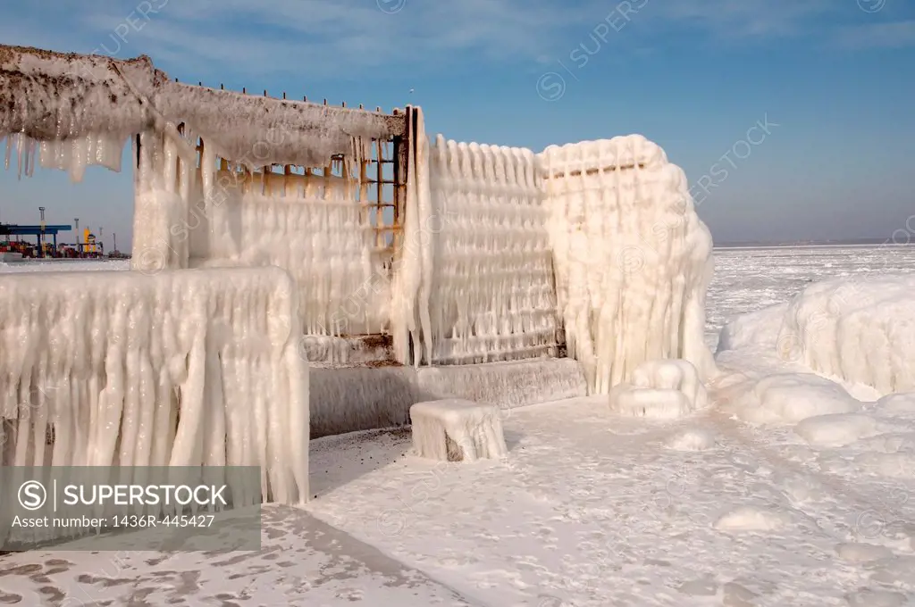 Icy pier, frozen Black Sea, a rare phenomenon, last time it occured in 1977, Odessa, Ukraine, Eastern Europe