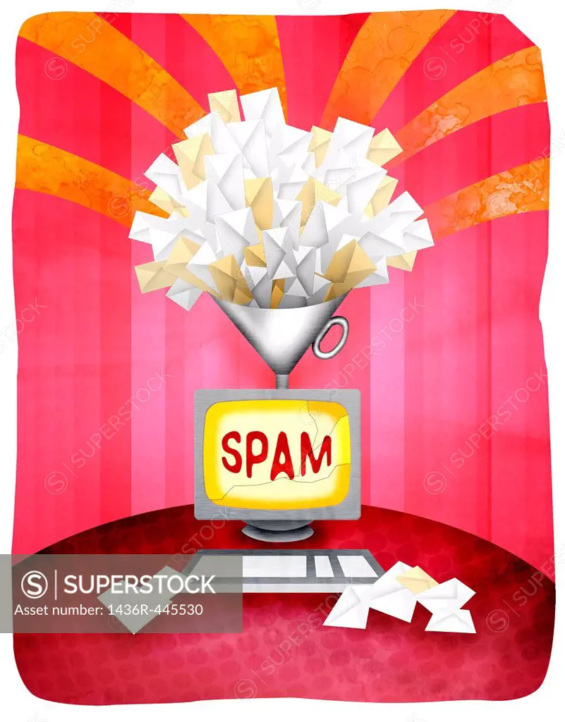 Close-up of spam mails with desktop PC