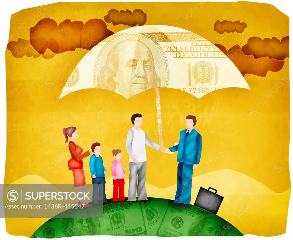Family sheltering under an insurance cover umbrella