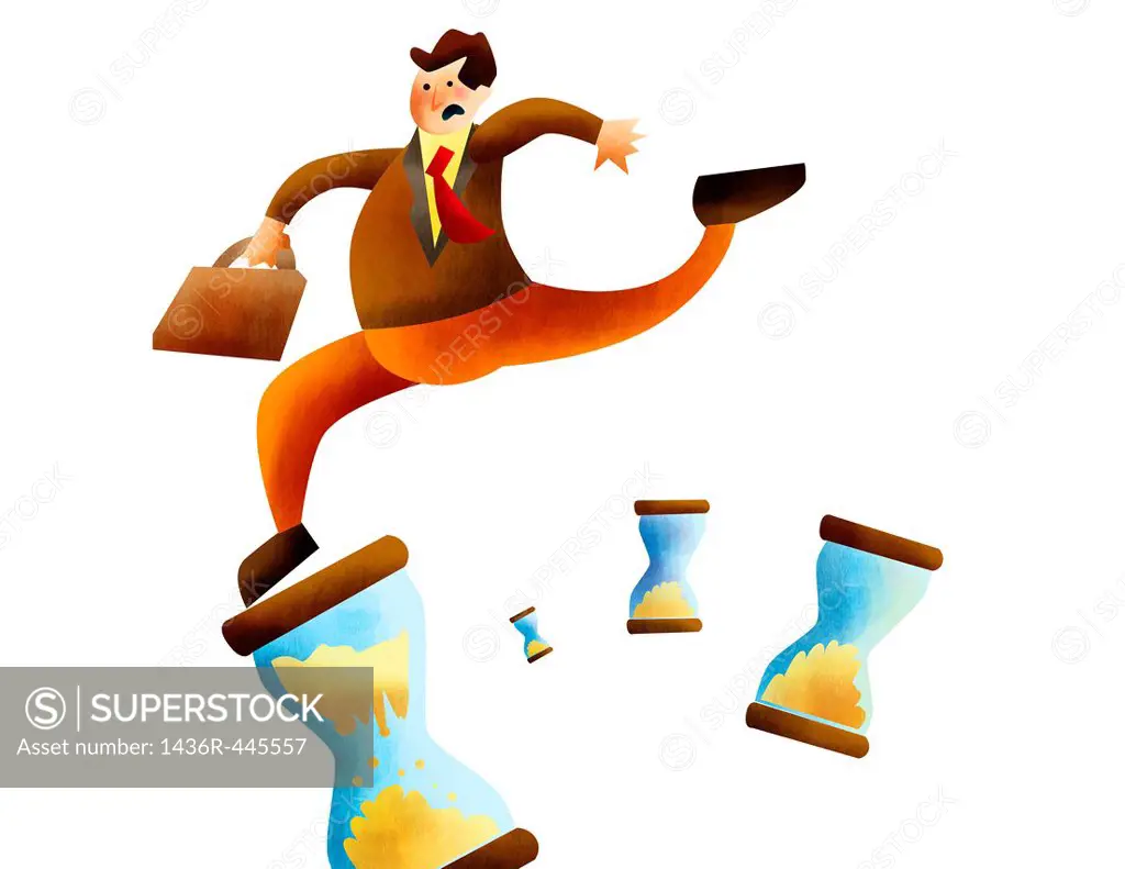Businessman holding briefcase and running over hourglasses