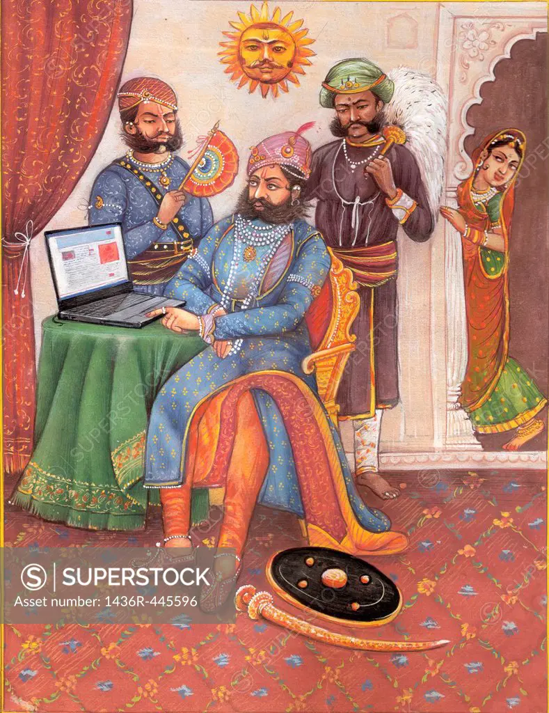 Painting of a Rajasthani king using a laptop, Rajasthan, India