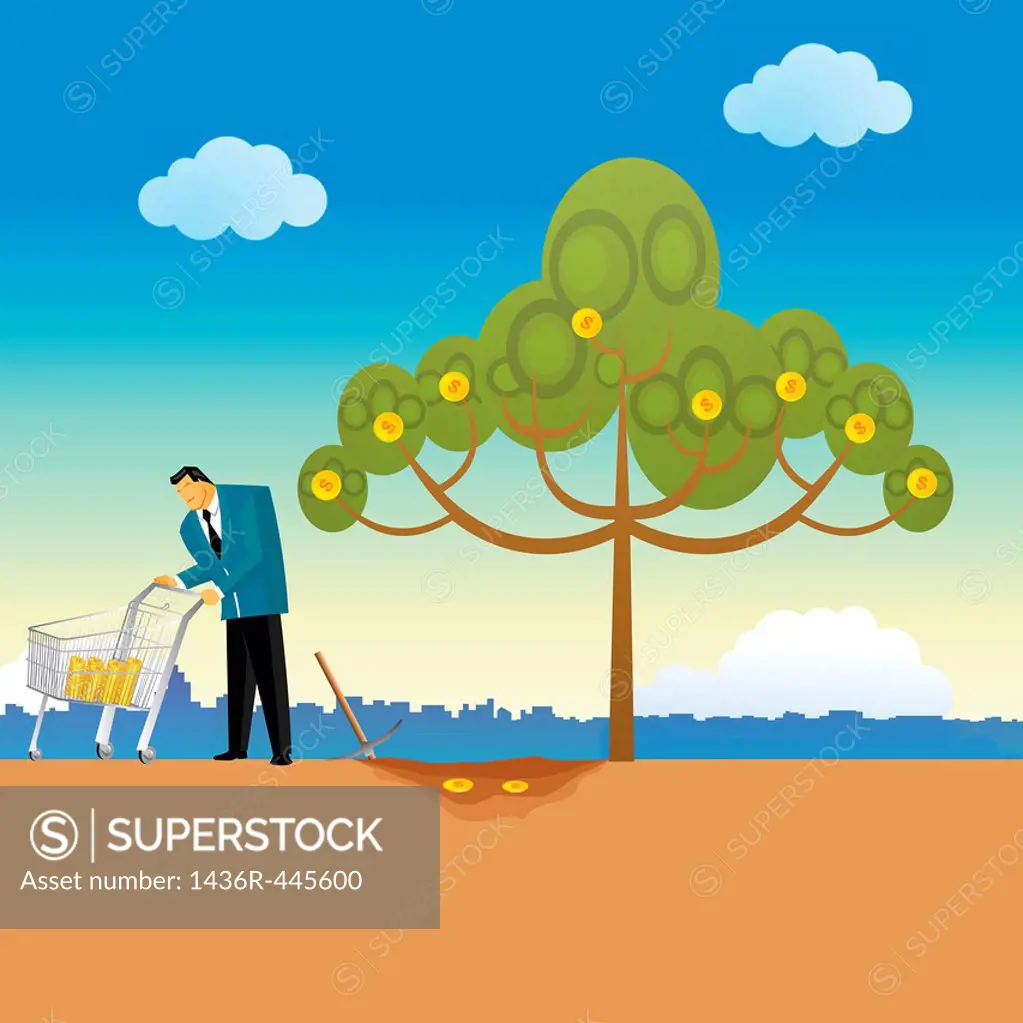 Businessman carrying coins in a shopping cart near a money tree